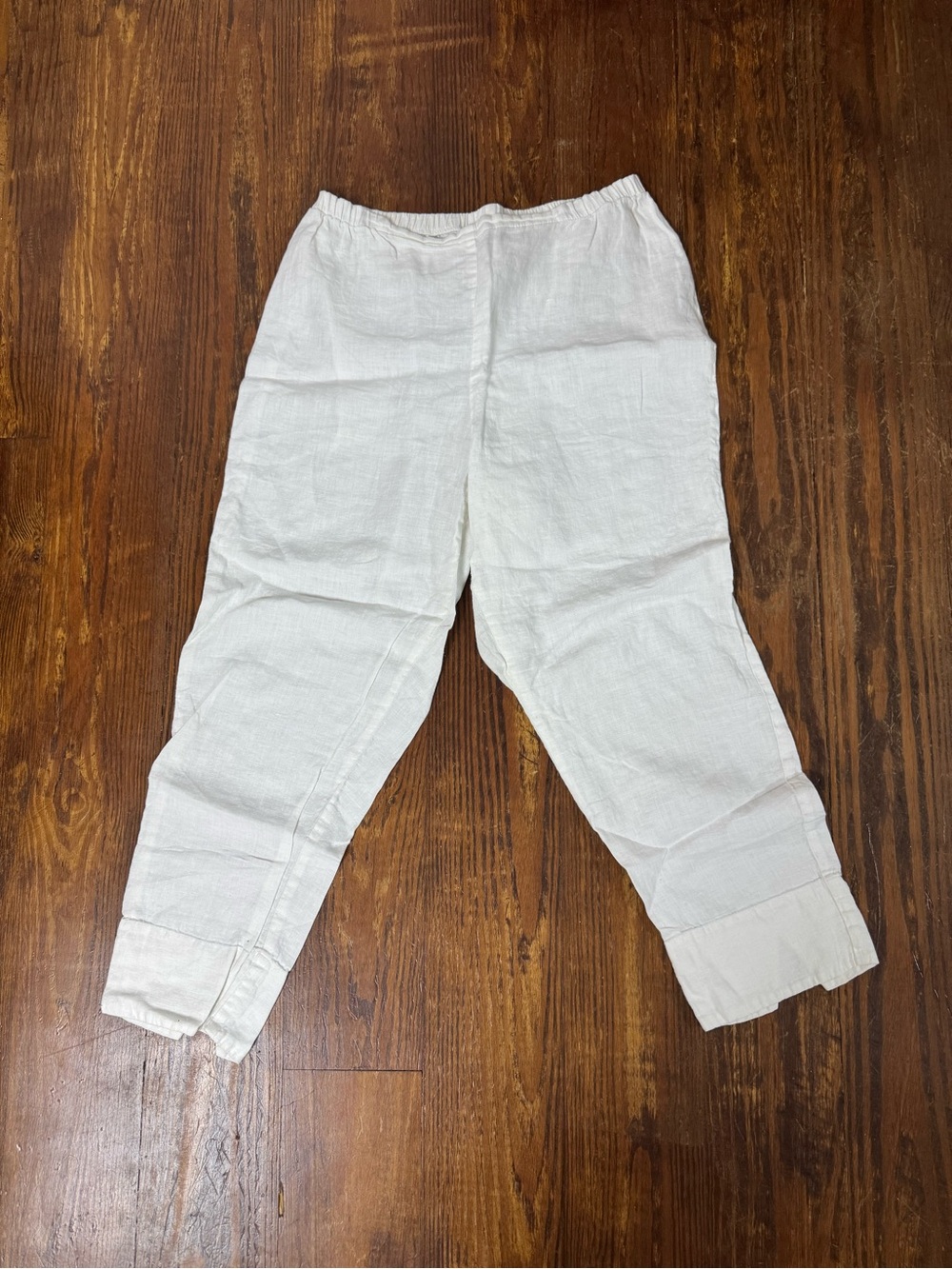 Flax Women's White Linen Elastic-Waist Chinos Crop S Tapered